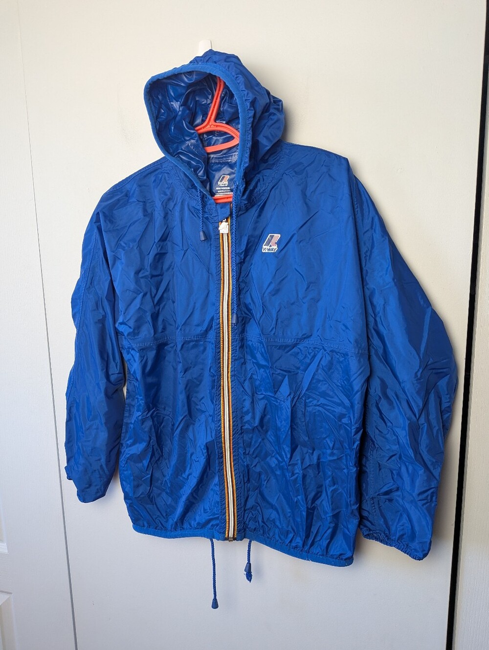 Vintage K-WAY Rain Coat Men Size Medium (Unisex) Blue Color With Hoodie